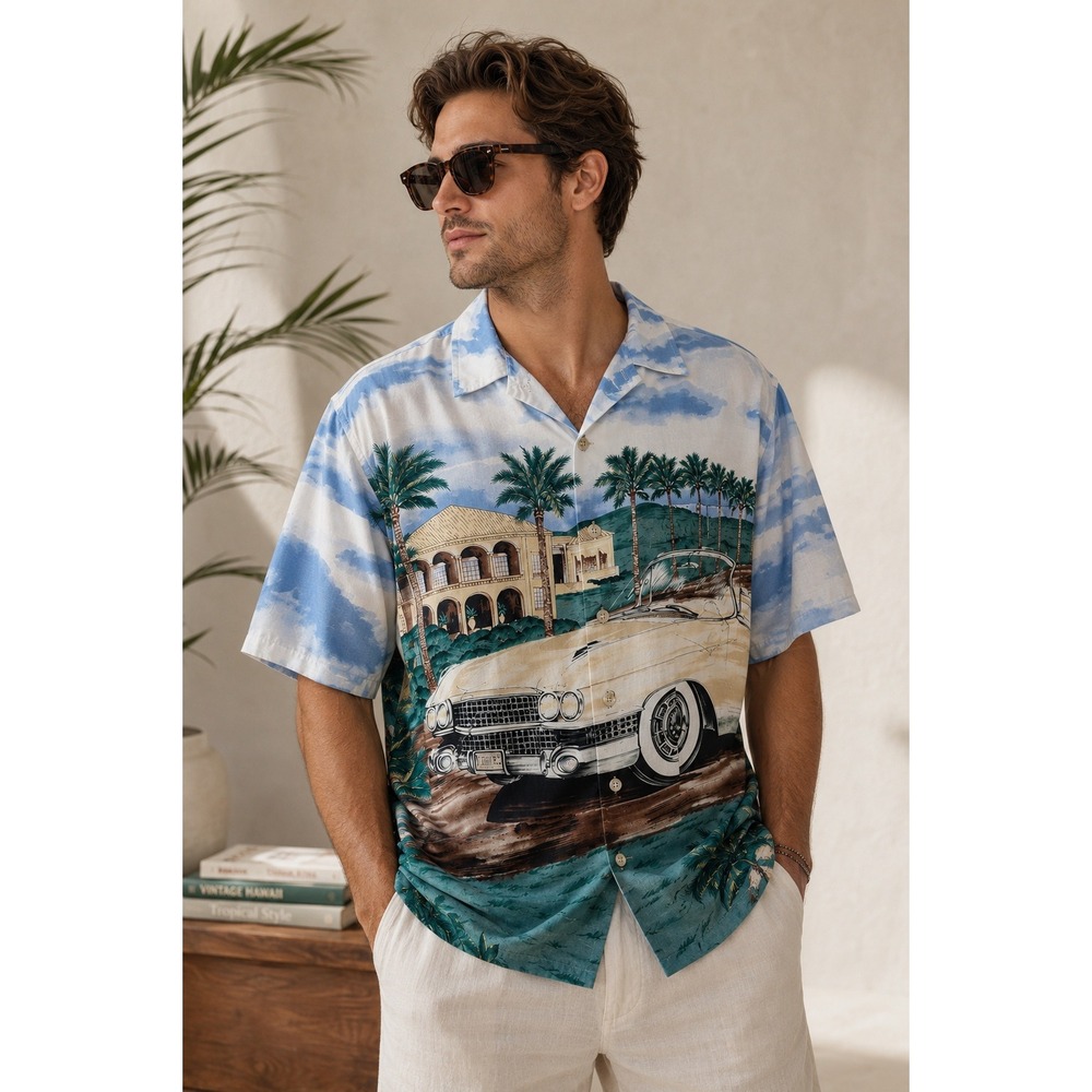 Tori Richard Vintage Hawaiian Shirt Scenic Cadillac Tropical Resort Large